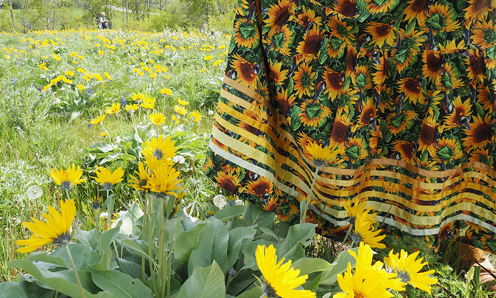 Evangeline John wears a ribbon skirt she created in a field filled with balsam root sunflowers in Secwepemcúl’ecw. Photo courtesy of UBCO Indigenous Art Intensive.